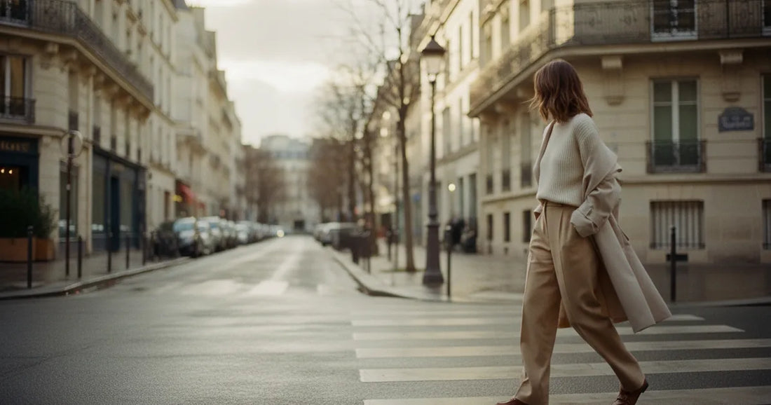 Woman in a minimalist neutral-toned outfit — a relaxed knit and tailored trousers, crossing a sunlit Paris side street in...