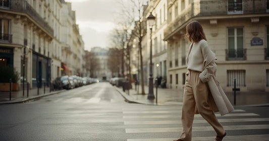 Woman in a minimalist neutral-toned outfit — a relaxed knit and tailored trousers, crossing a sunlit Paris side street in...
