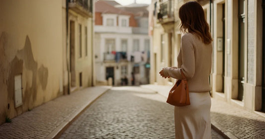 Woman in a slip midi skirt and simple knit, walking a Lisbon cobblestone alley at golden hour