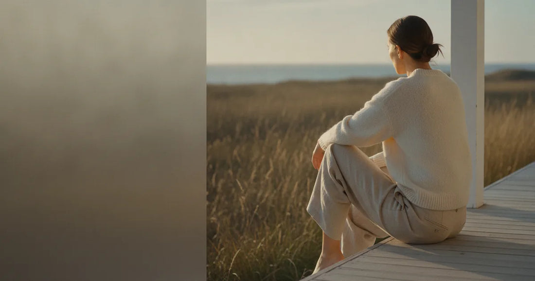 Woman in a minimalist neutral-toned outfit — a relaxed knit and tailored trousers, sitting on the edge of a Hamptons clapb...