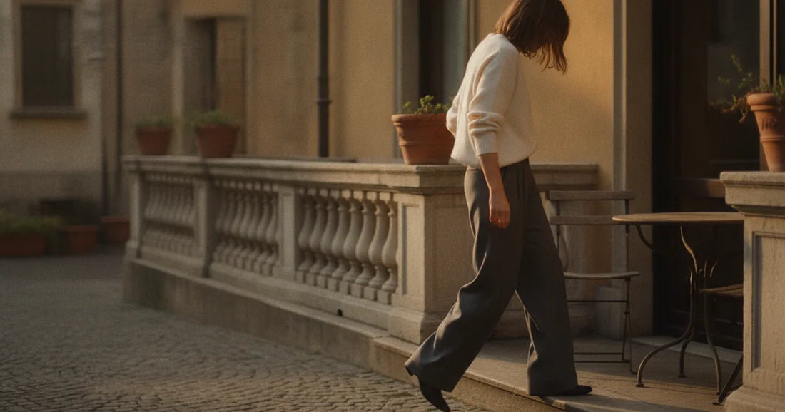 Woman in a minimalist neutral-toned outfit — a relaxed knit and tailored trousers, stepping off a Milan trattoria terrace...
