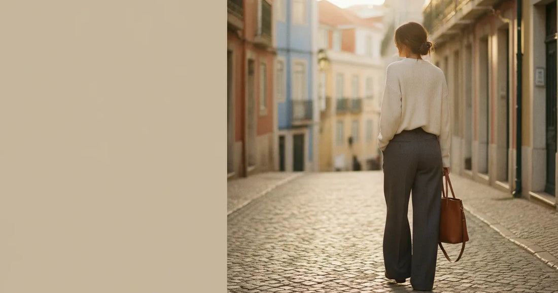 Woman in a minimalist neutral-toned outfit — a relaxed knit and tailored trousers, walking a Lisbon cobblestone alley at g...