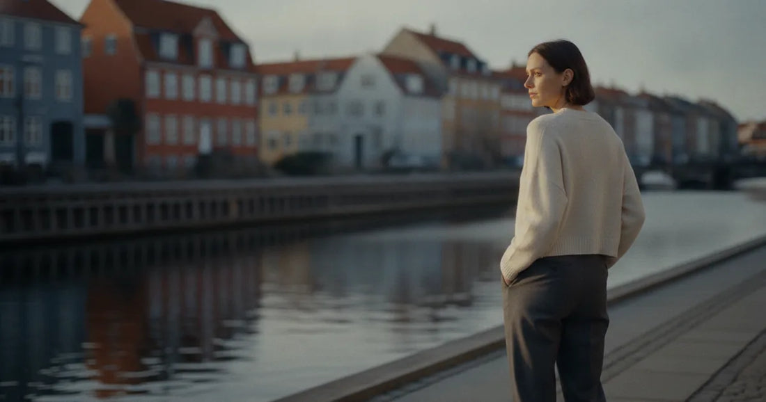 Woman in a minimalist neutral-toned outfit — a relaxed knit and tailored trousers, walking a quiet Copenhagen canal path a...