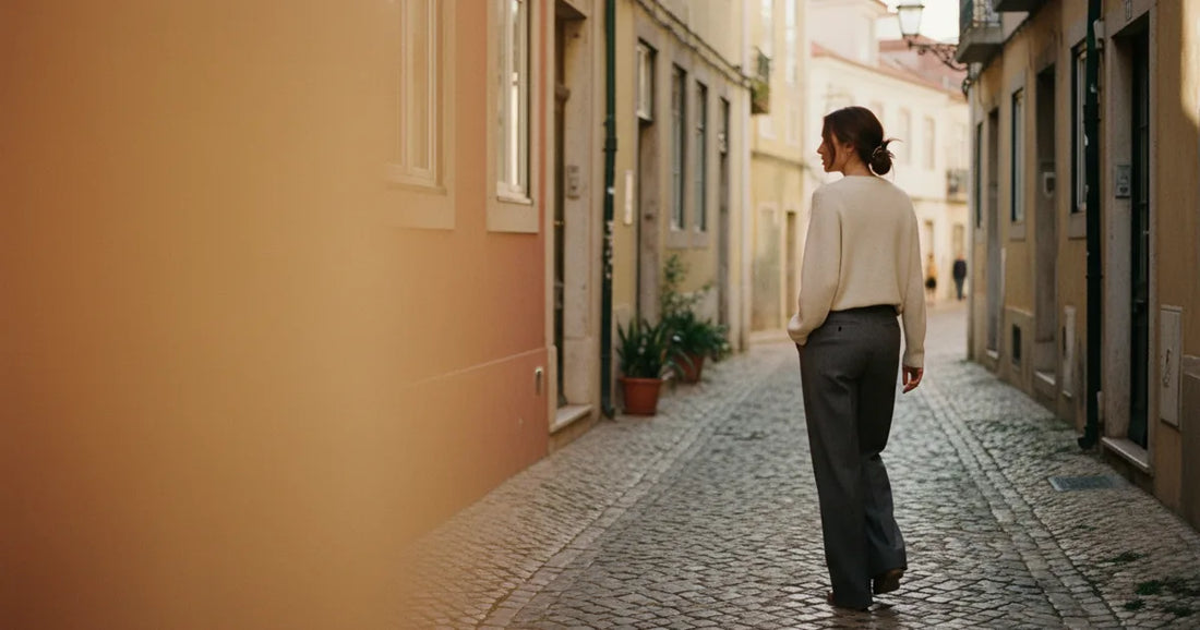 Woman in a minimalist neutral-toned outfit — a relaxed knit and tailored trousers, walking a Lisbon cobblestone alley at g...