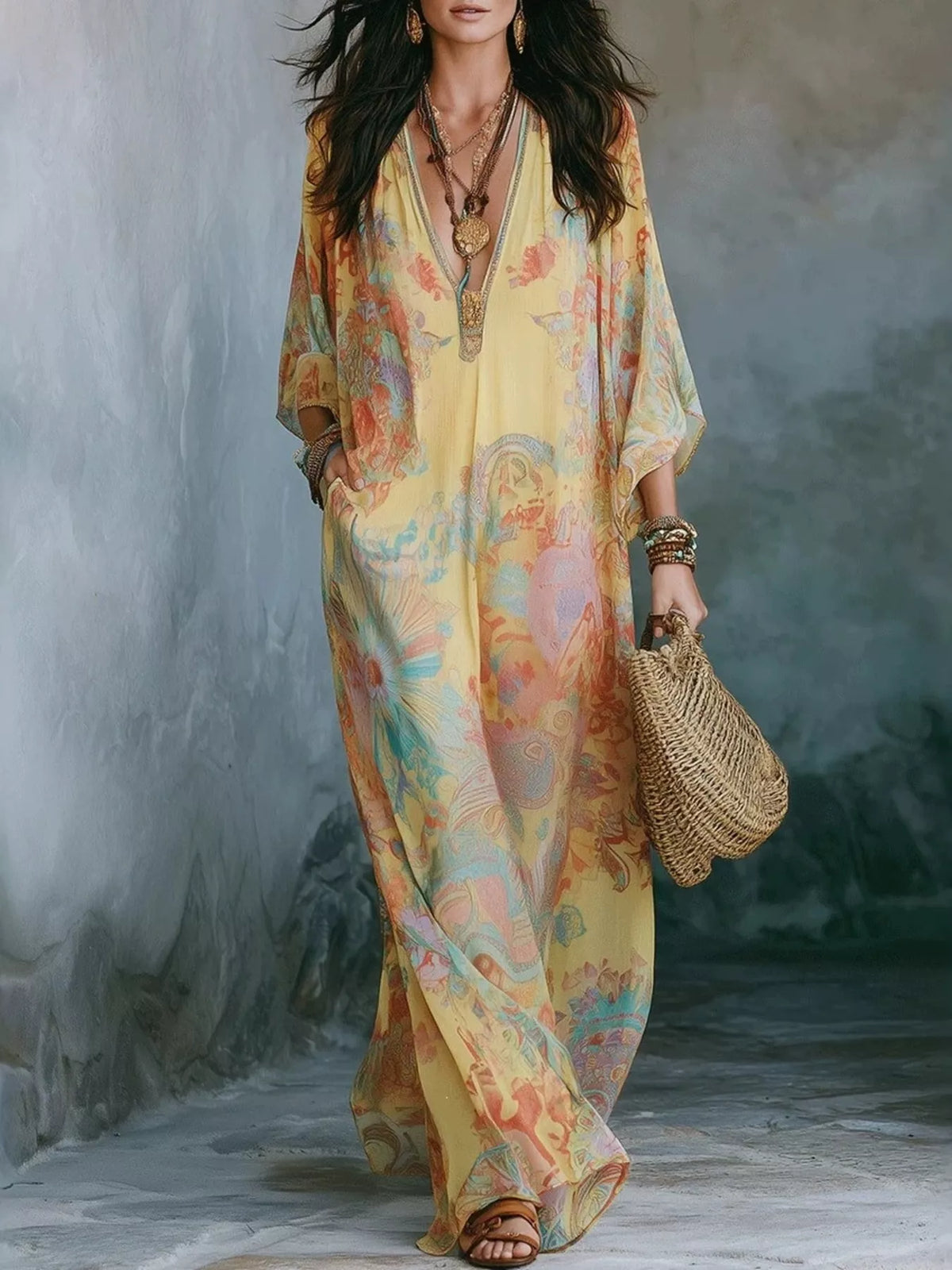 Plus size clothing – floral V-neck maxi dress with pockets