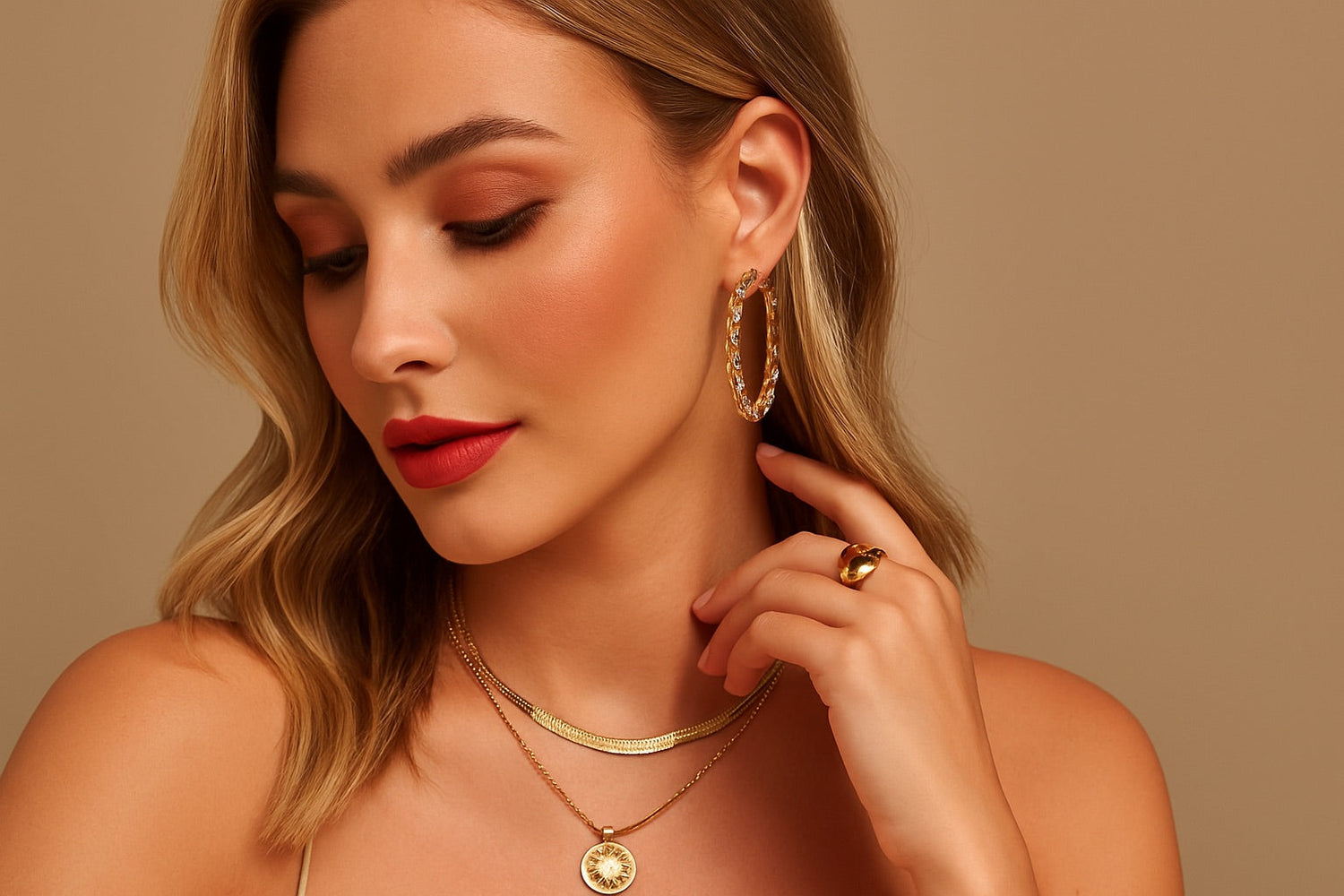 Close-up of elegant earrings and beauty products