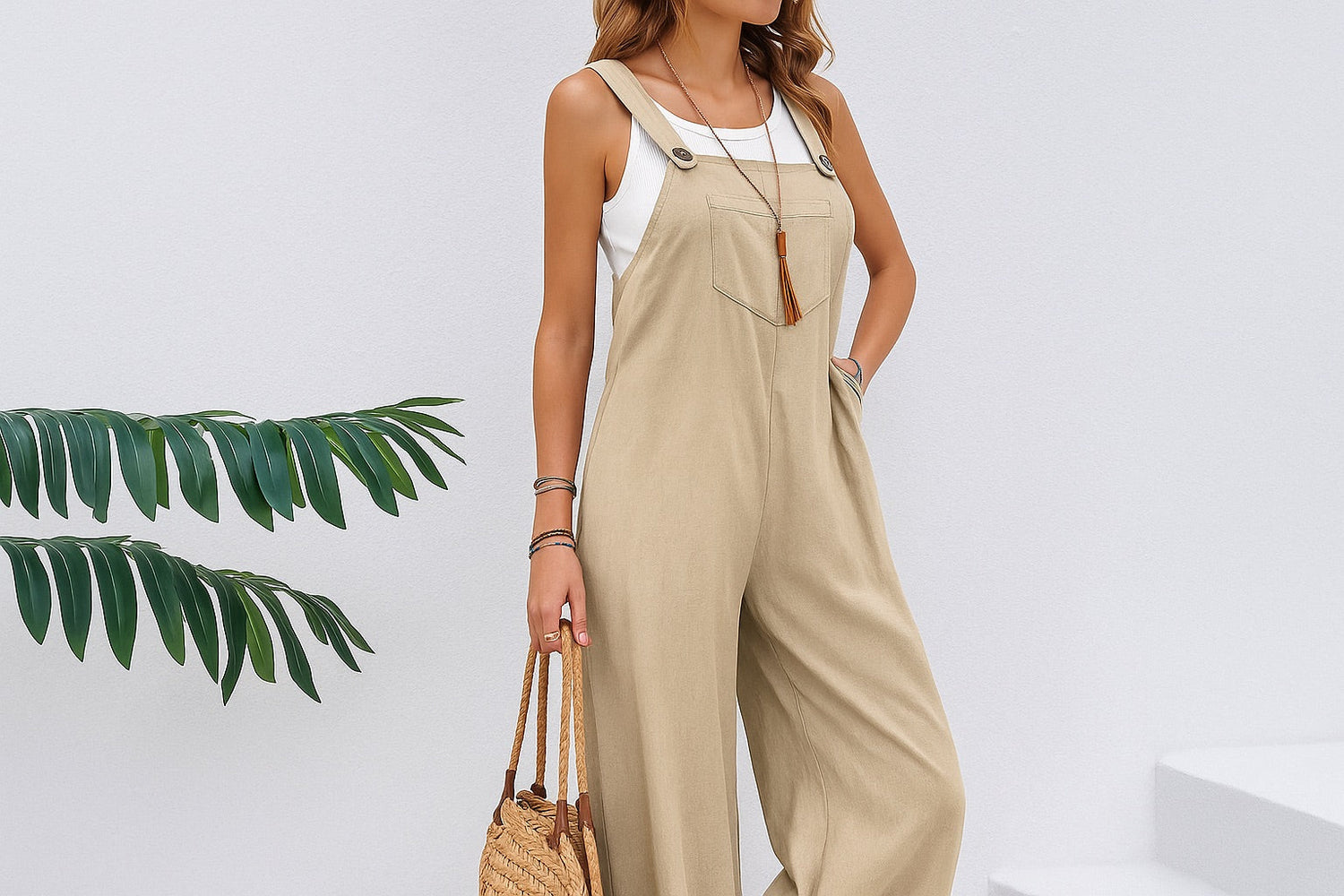 Woman wearing a stylish beige jumpsuit on a summer street.