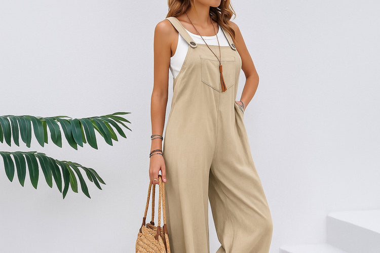 Woman wearing a stylish beige jumpsuit on a summer street.
