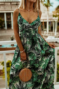 Printed Smocked Ruched Spaghetti Strap Maxi Dress in Green