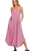 Woven Arc Hem Cami Dress With Flowy Pockets in LT ROSE