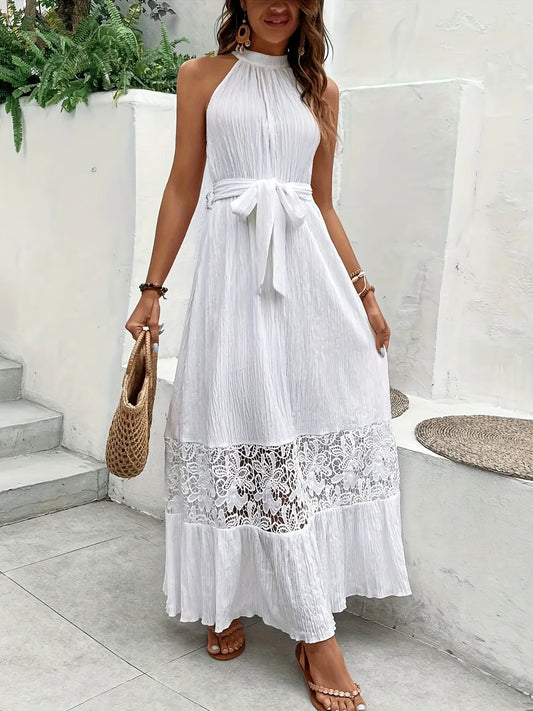 Lace Detail Sleeveless Maxi Cami Dress with Belt in White