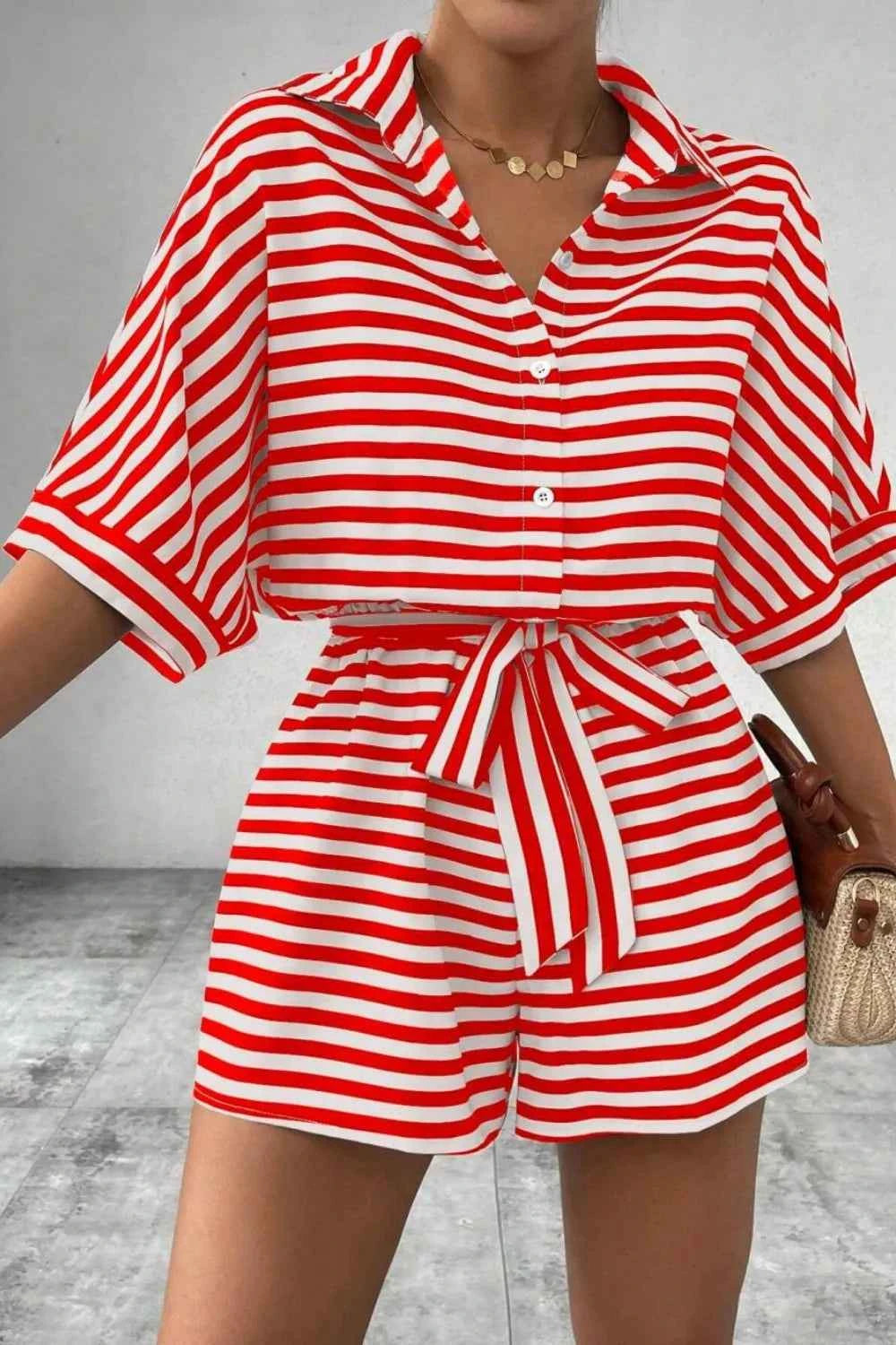 Striped Collared Neck Tie Waist Romper
