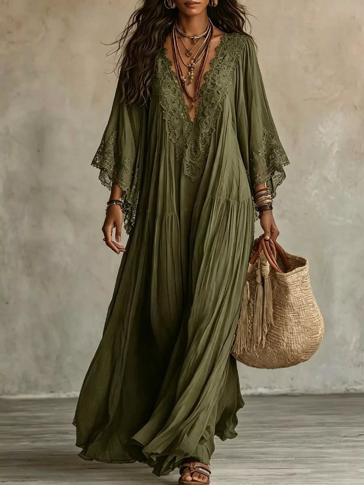 Lace Trim Tiered V-Neck Maxi Dress in Army Green