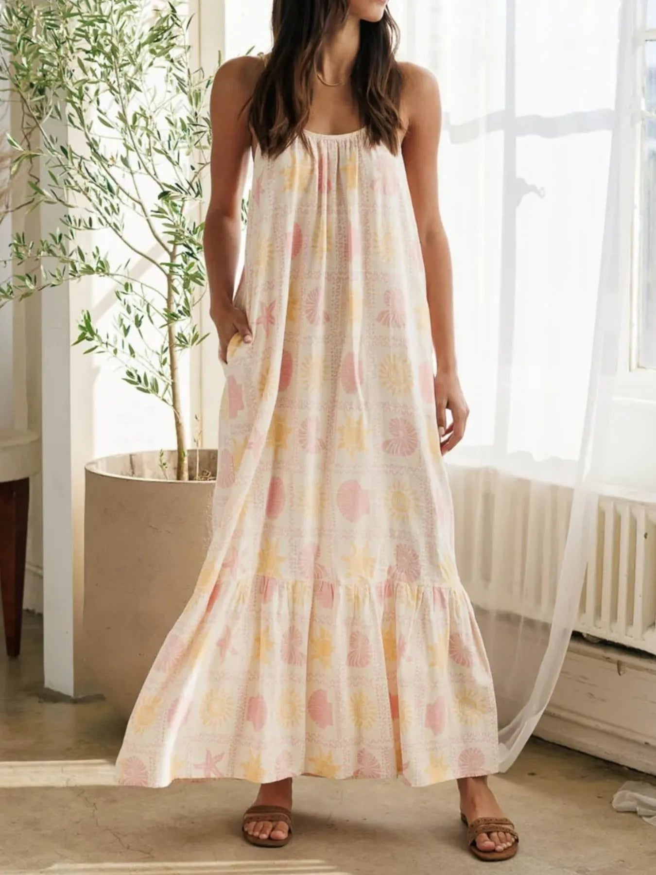 Printed Maxi Lounge Dress with Ruffled Hem — Livostyle