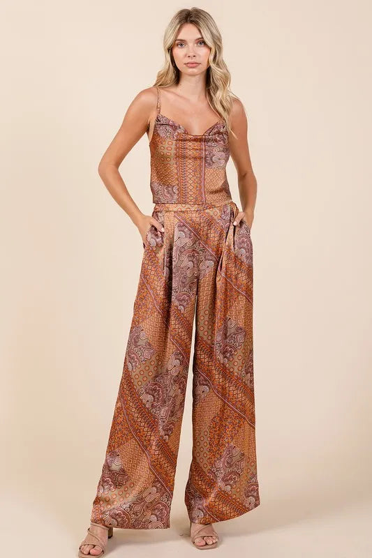 Paisley Patchwork Print Satin Wide Leg Pants styling — Livostyle