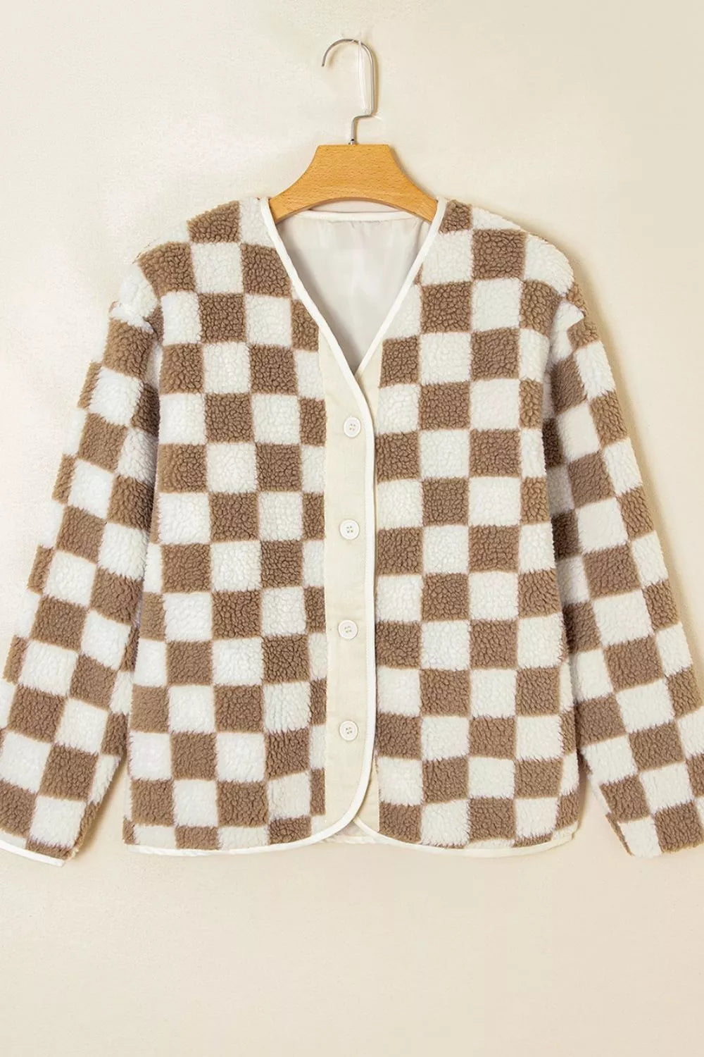 Checkered Sherpa Oversized Button Up Jacket closeup — Livostyle