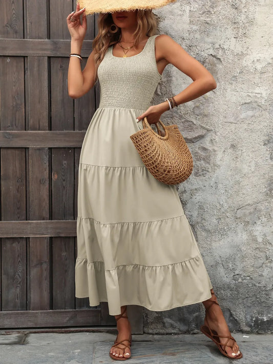 Smocked Scoop Neck Sleeveless Tank Dress in Beige