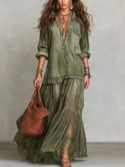 Long Sleeve Sheer Ruffle Maxi Dress in Matcha Green