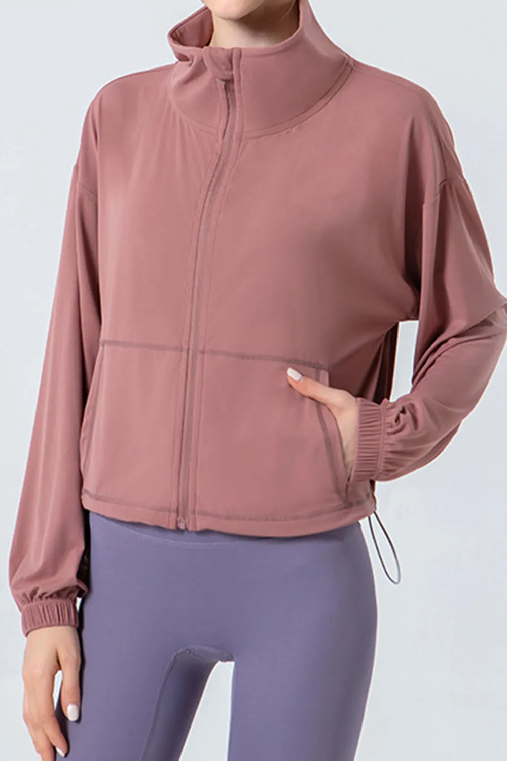Drawstring Zip Up Dropped Shoulder Active Outerwear — Livostyle
