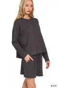 Corded Rib Long Sleeve Tee and Shorts Set in BLACK