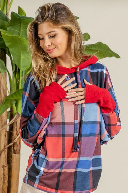 Plaid Mirr Brushed Rib Contrast Thumb Open Hoodie — Livostyle