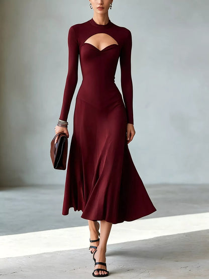 Mock Neck Cut-Out Long Sleeve Midi Dress – Plus Size in Red