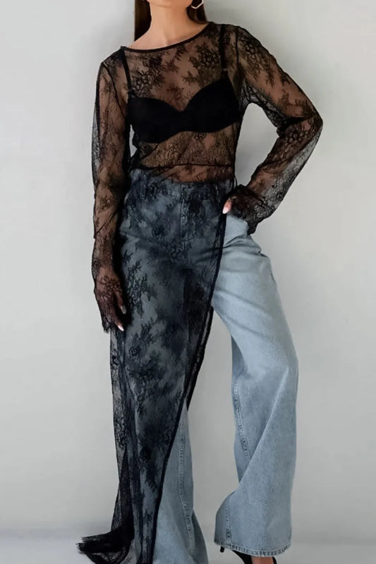 Fringe Round Neck Long Sleeve Lace Sheer Top detail — Livostyle