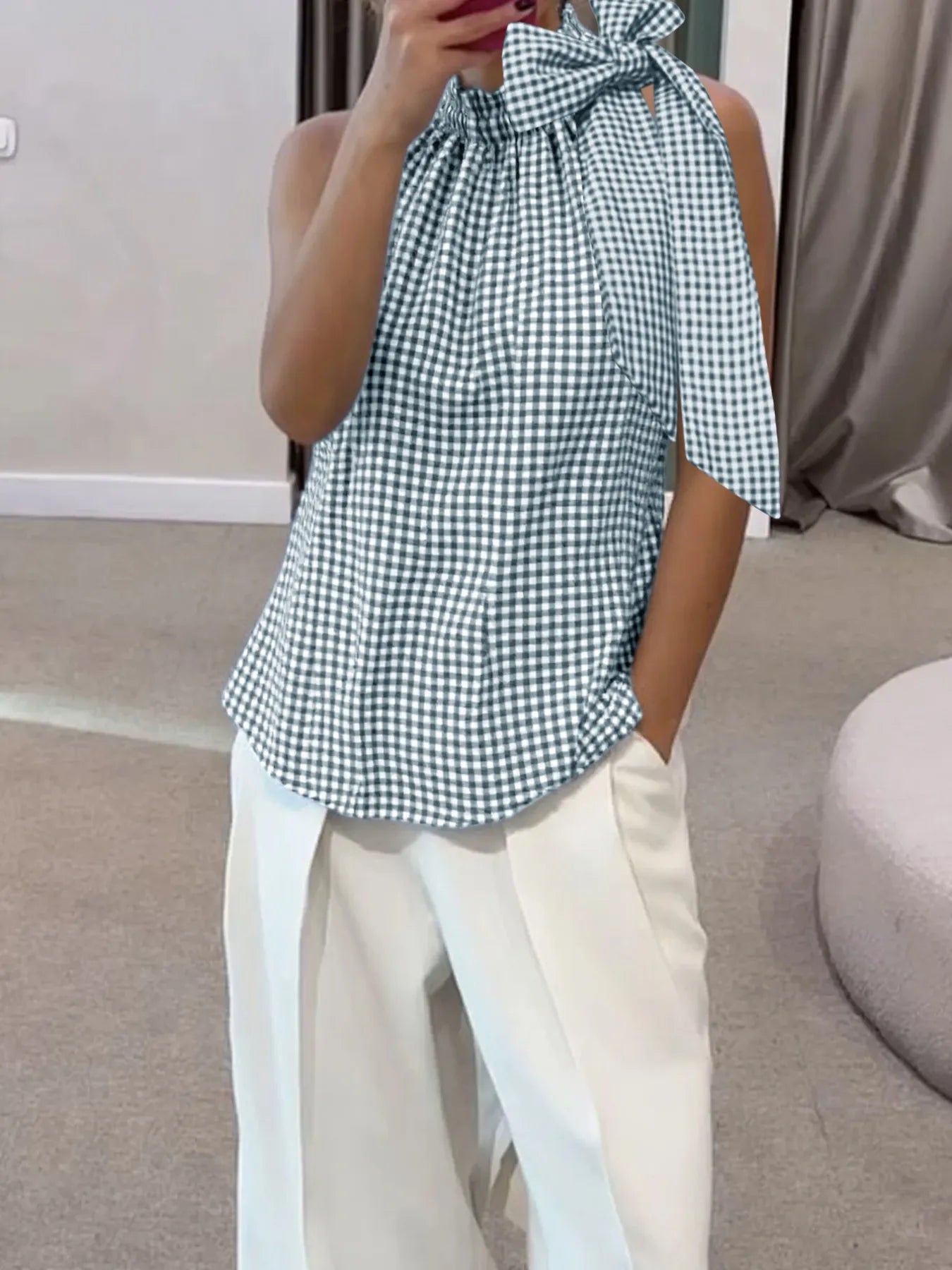 Asymmetric Gingham Bow Tie Sleeveless Top detail — Livostyle