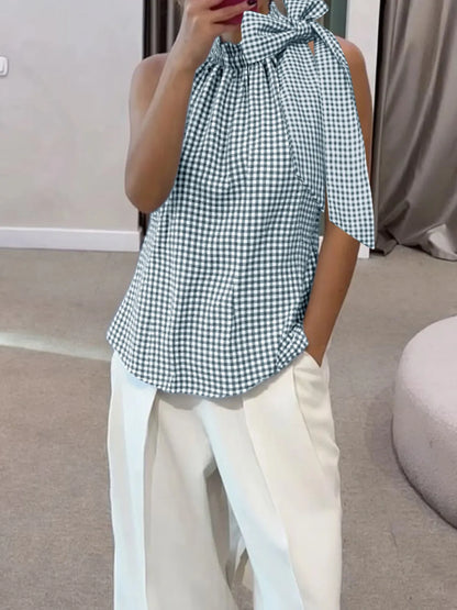 Asymmetric Gingham Bow Tie Sleeveless Top detail — Livostyle