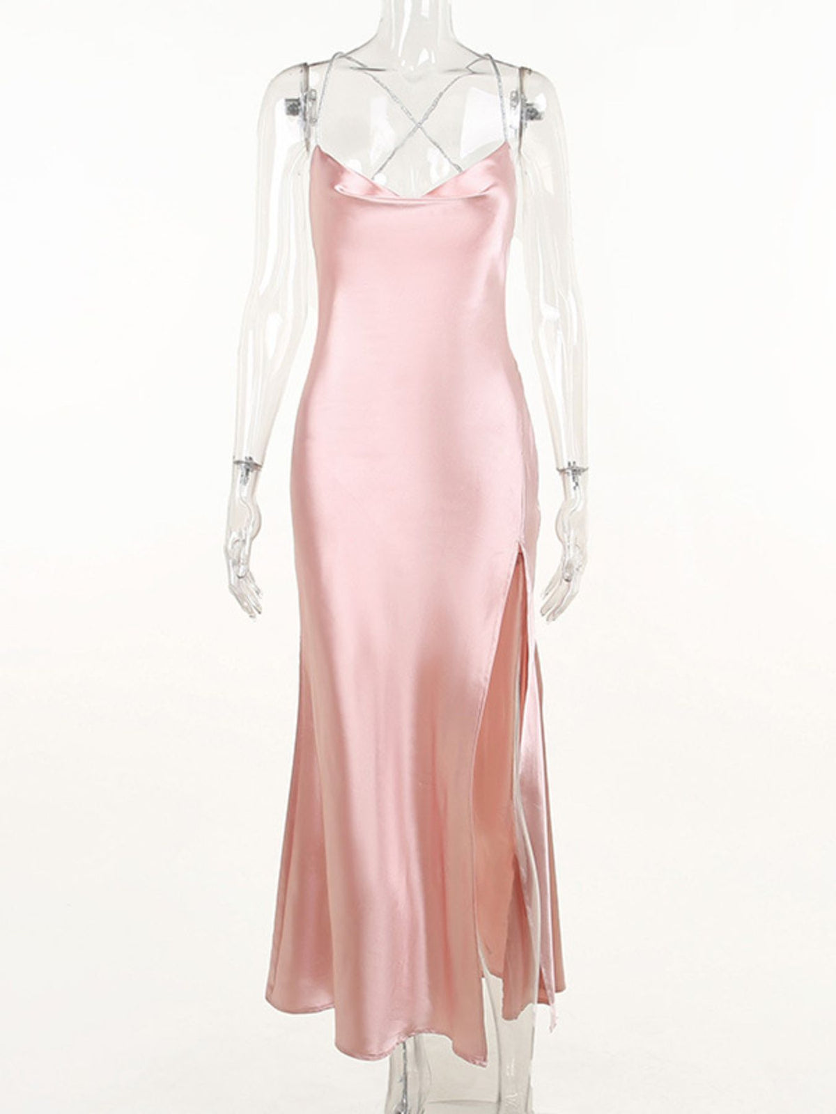 Slinky Satin Cowl Neck High-Slit Dress with Lace-Up Back – photo 7