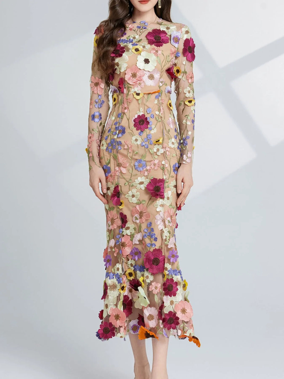 Floral Embroidered Mesh Long Sleeve Tiered Midi Dress – photo 6