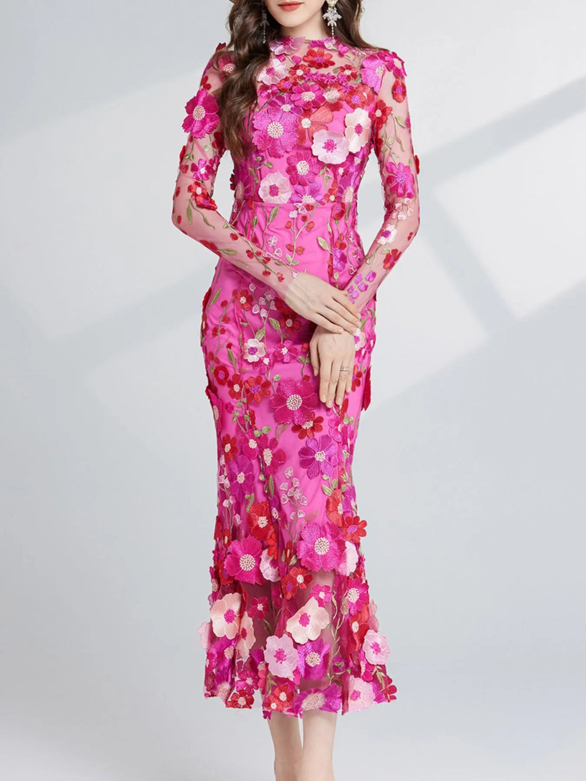 Floral Embroidered Mesh Long Sleeve Tiered Midi Dress – photo 13