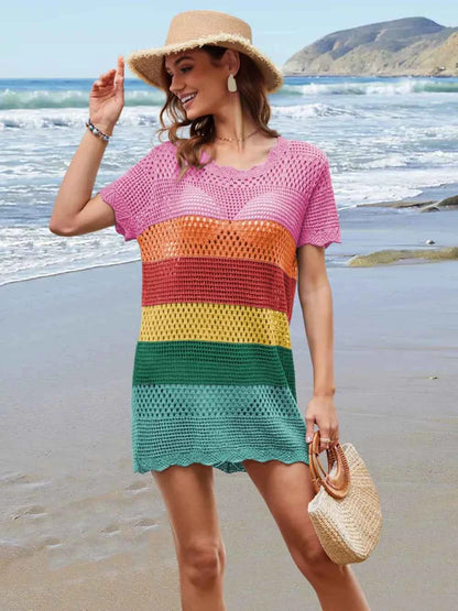 Openwork Round Neck Short Sleeve Cover-UP — Livostyle