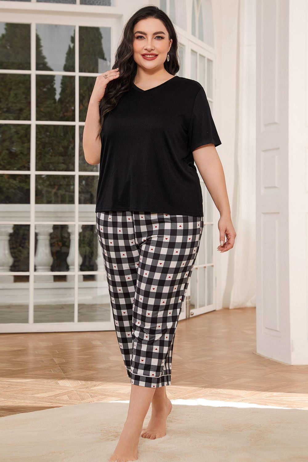 V-Neck Tee and Plaid Cropped Pants Lounge Set — Livostyle