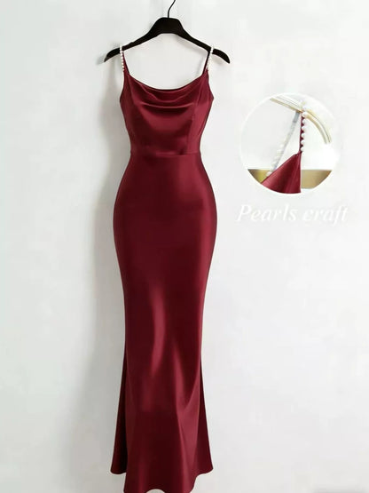 Lined Pearl Strap Cowl Neck Satin Maxi Dress in Burgundy