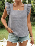 Gingham Ruffle Sleeve Square Neck Blouse in Black