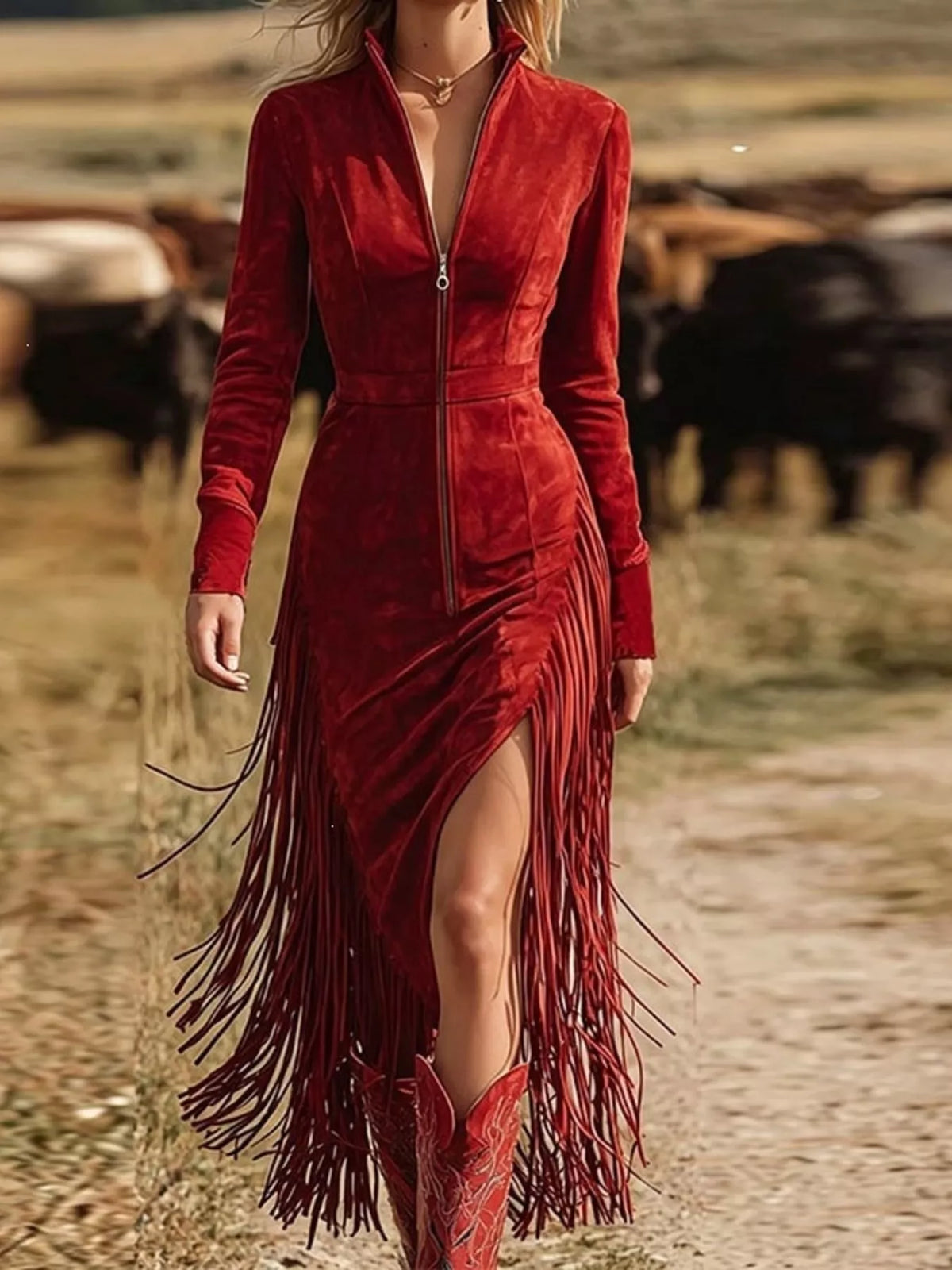 Fringe Zip-Front Slit Midi Dress in Red