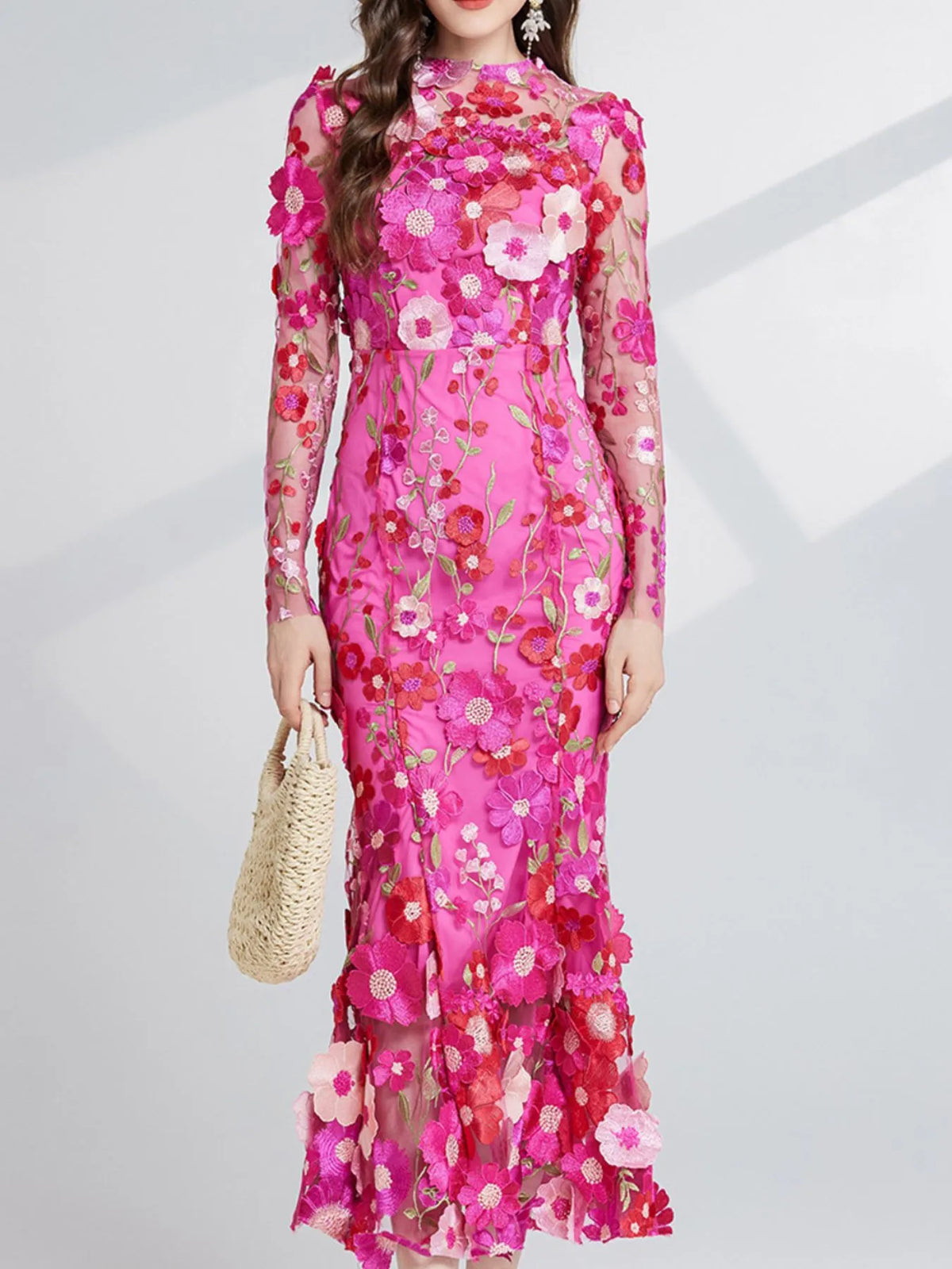 Floral Embroidered Mesh Long Sleeve Tiered Midi Dress – photo 12