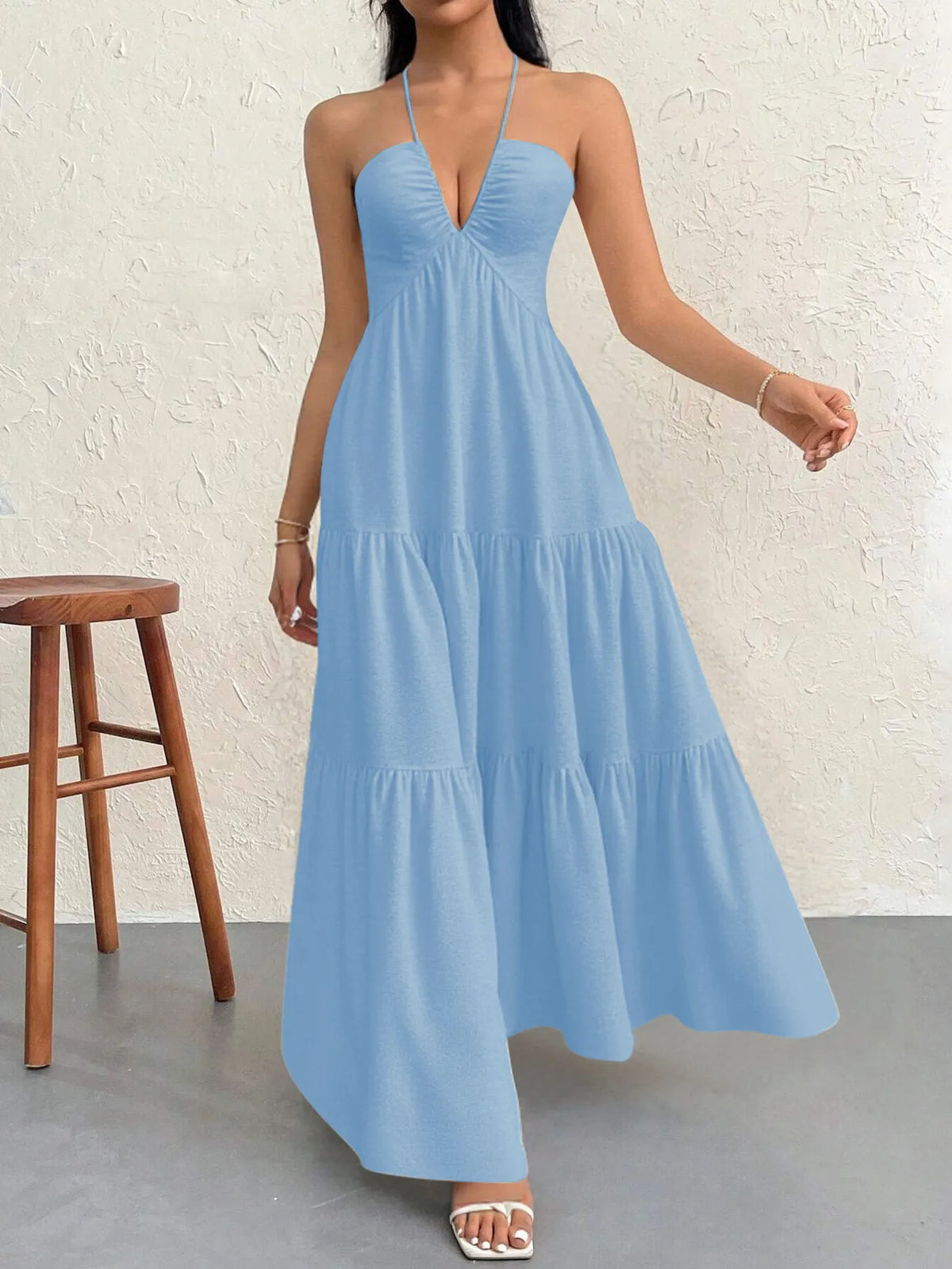 Halter Neck Tiered Maxi Dress with Bow in Blue