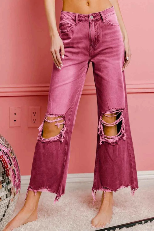 BiBi Distressed Vintage Washed Wide Leg Pants