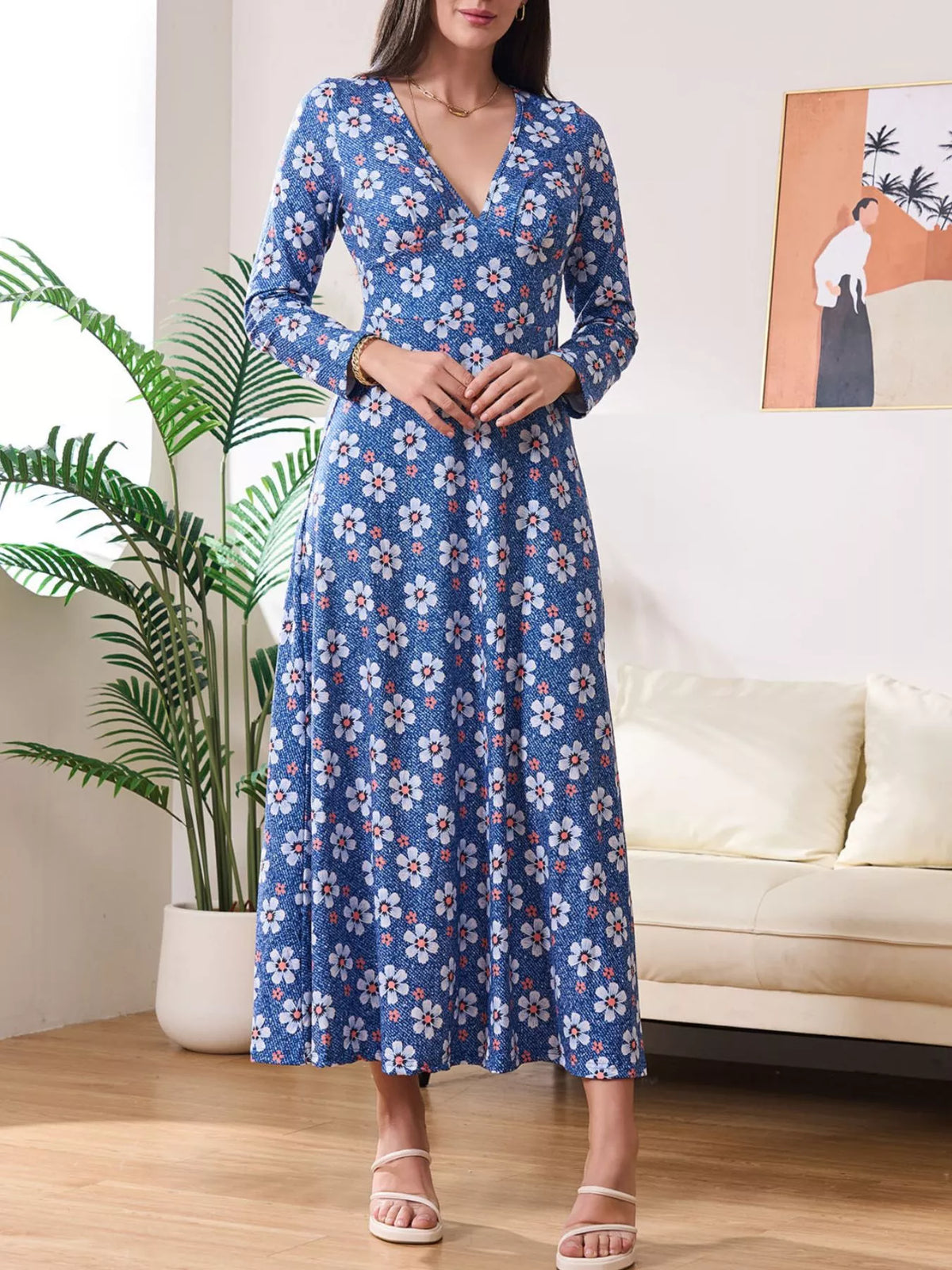 Floral Print V-Neck Long Sleeve Midi Dress – photo 2