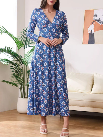 Floral Print V-Neck Long Sleeve Midi Dress – photo 2