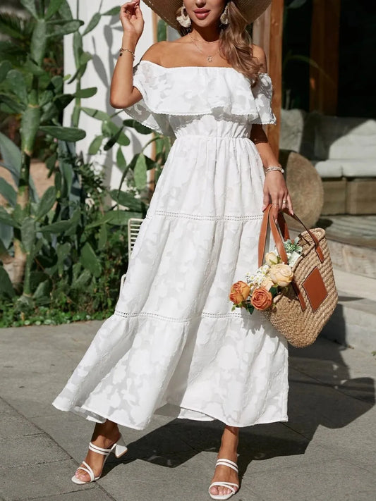 Ruched Off-Shoulder Short Sleeve Midi Dress in White