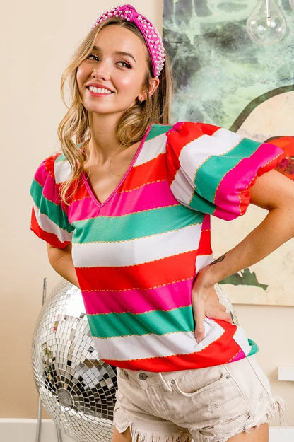 Vibrant Multi-Stripe Puff Sleeve V-Neck Top — Livostyle