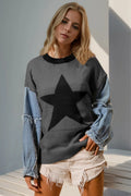 Double Take Full Size Star Pattern Raw Edge Long Sleeve Sweater — Livostyle