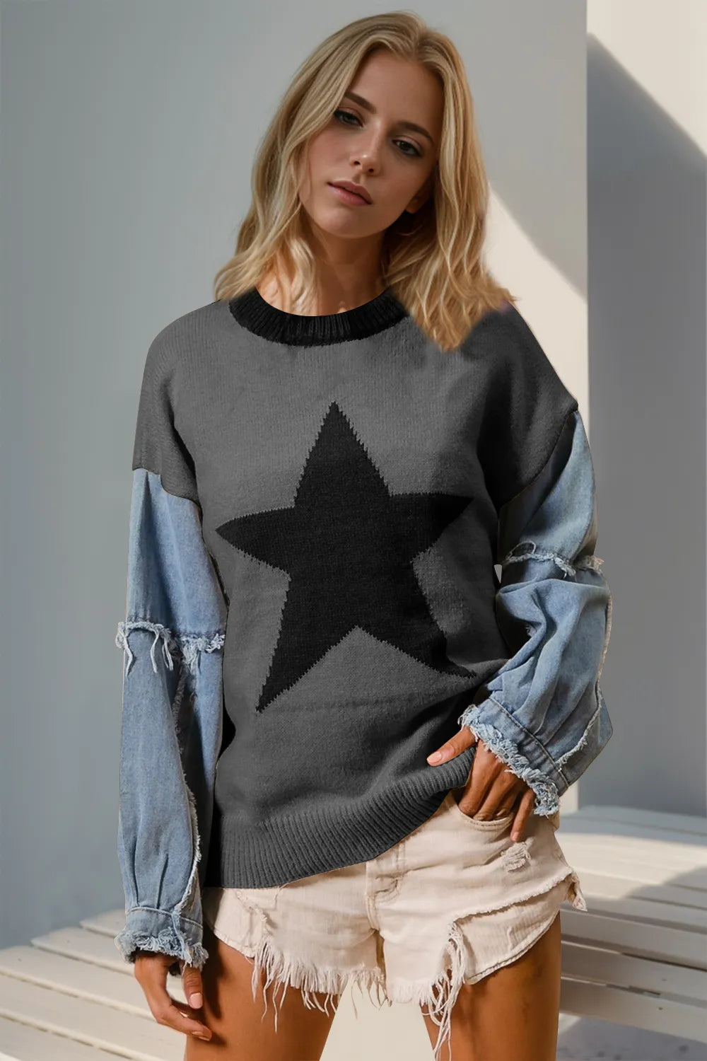 Double Take Full Size Star Pattern Raw Edge Long Sleeve Sweater — Livostyle