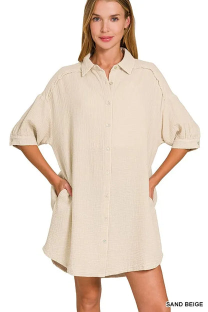 Button Front Double Gauze Shirt Dress – Oversized Fit in Sand Beige