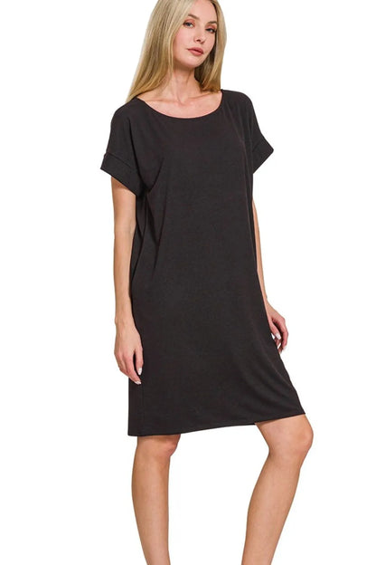Rolled short-sleeve round-neck T-shirt dress — Livostyle