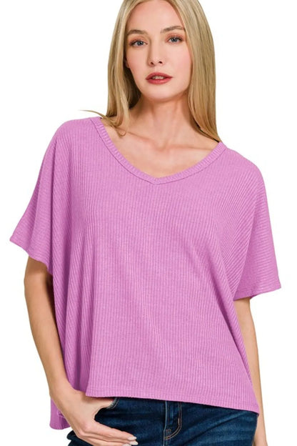 Ribbed knit short-sleeve V-neck top — Livostyle