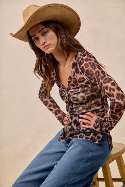 Leopard Printed Mesh Shirt With Button Up V Neck – photo 9